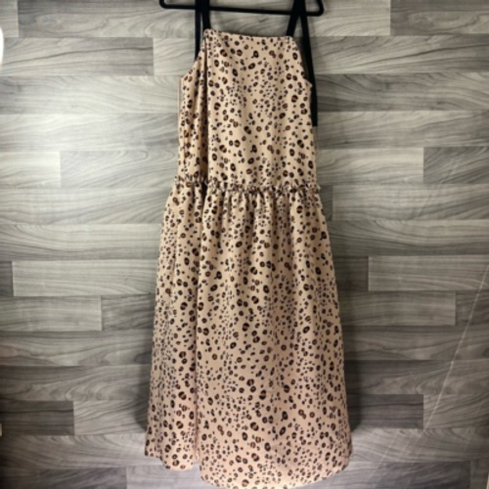 Topshop‎ Womens A Line Dress Brown Leopard Print Drop Waist Midi Sleeveless L